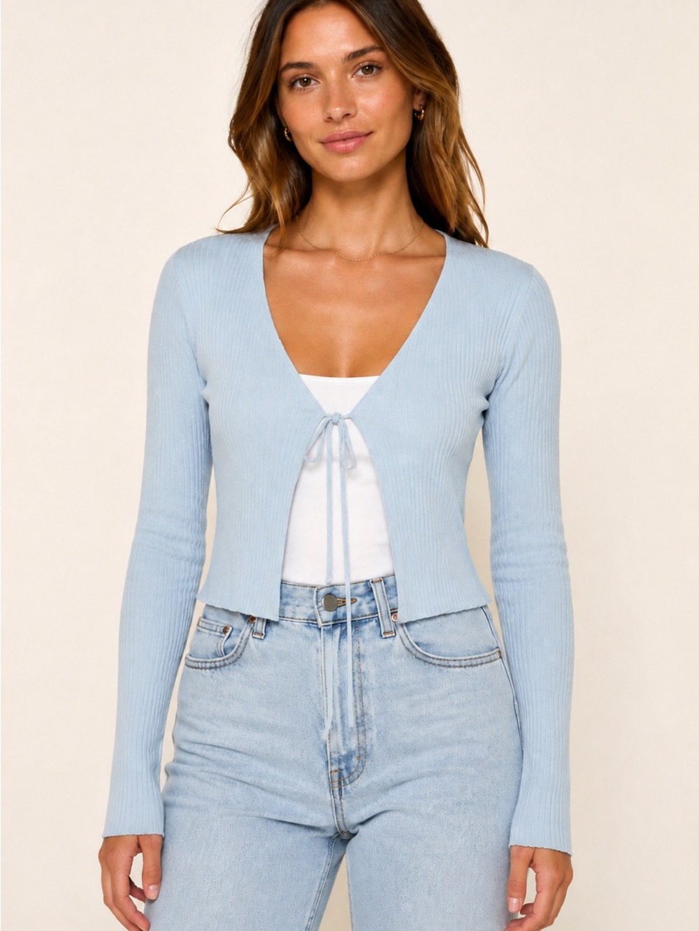 Light Blue Ribbed Tie-Front Cardigan Top - Women